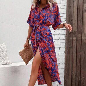 Multicolor Boho Womens Allover Print Batwing Sleeve Belted Shirt Dress